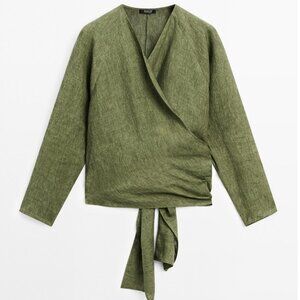 Massimo Dutti Flowing Linen Blouse with Tie Detail at the waist- Green - Size XS